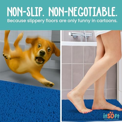 ITSOFT Extra Large Plush Bathroom Rug 59"x21", Absorbent Machine Washable Non Slip Chenille Bath Mats, Quick Dry Bathmat, Bath Rugs for Bath, Shower, Bedroom, or Door Mat, Dark Blue