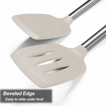 2 Pack Spatulas, Solid & Slotted Silicone Spatula Set, Stainless Steel Handle Coated with Silicone, Non Stick Turners, Heat Resistant Rubber Spatulas for Fish, Eggs, Pancakes, Khaki
