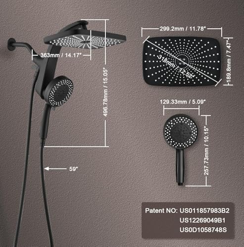 Rain Shower Head with Handheld Showerhead, Black 1.8GPM 460311