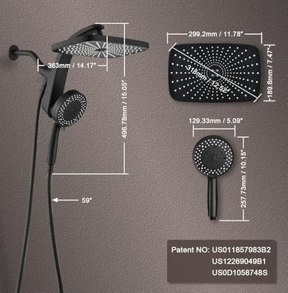 Rain Shower Head with Handheld Showerhead, Black 1.8GPM 460311