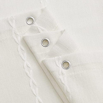 Boho Farmhouse Tassel Linen Shower Curtain,3D Embroidery Stripe Ivory,72x84