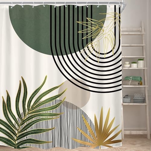 KOMLLEX Mid Century Green Boho Abstract Modern Bathroom Shower Curtain Set