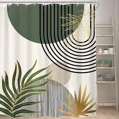 KOMLLEX Mid Century Green Boho Abstract Modern Bathroom Shower Curtain Set