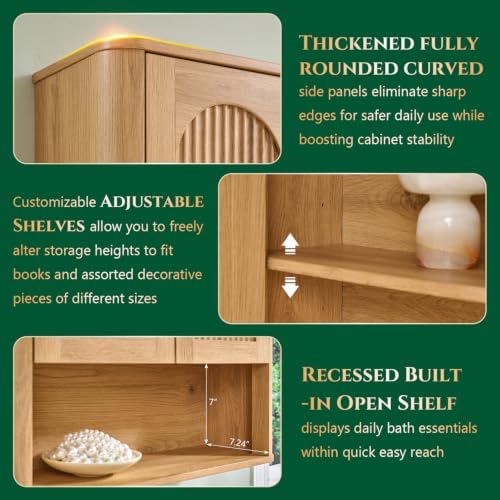 Bathroom Fluted Arched Wall Cabinet, 23.6''W Wood Medicine Cabinet, Natural