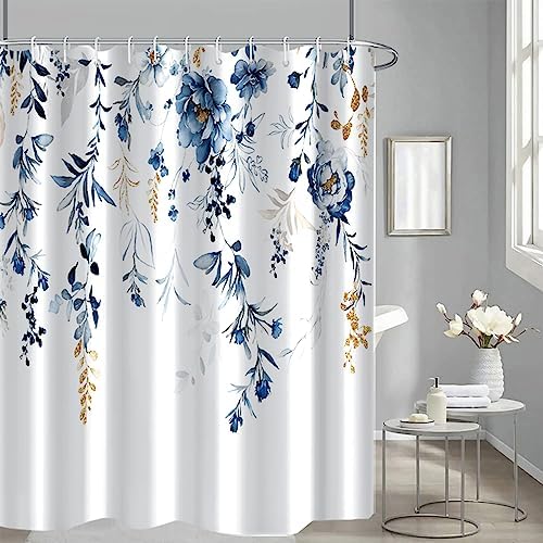 AWERT Blue Plants Shower Curtain with Hooks Watercolor Floral Printed Shower Curtain for Bathroom Washable Bathroom Accessories Bathtub Decor 72x78inch