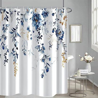 AWERT Blue Plants Shower Curtain with Hooks Watercolor Leaves Shower Curtain for Bathroom Waterproof Bathroom Accessories Bathtub Decor 72x84inch