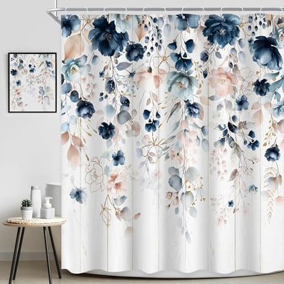 Rustic Floral Boho Blue Pink Eucalyptus Bathroom Shower Curtain Set