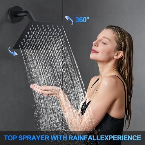WOINDO Shower Faucet Set, 10" Wall Mount Rainfall Shower System with 2 Rain Shower Head and Multi-function Handheld Head Push Button Diverter Shower Faucet Trim Kit