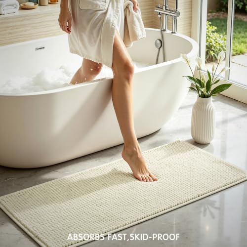 SUBRTEX Bathroom Rugs, 24" x 55" Chenille Bath Rug Soft Short Plush Bath Mat Soft Shower Mat Water Absorbent Shower Mat Quick Dry Machine Washable, Cream White