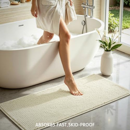 SUBRTEX Bathroom Rugs, 24" x 55" Chenille Bath Rug Soft Short Plush Bath Mat Soft Shower Mat Water Absorbent Shower Mat Quick Dry Machine Washable, Cream White