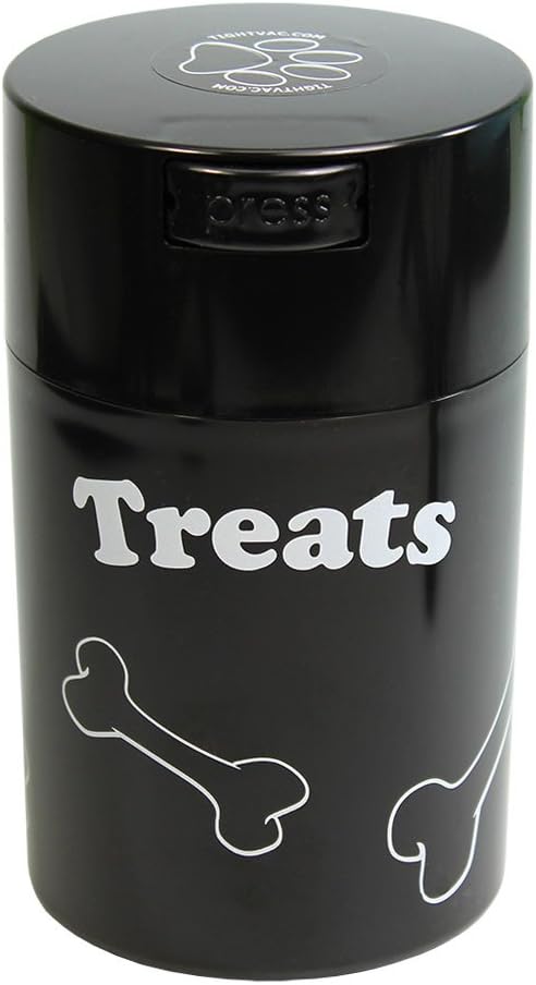 Tightpac Pawvac 1 to 6 Ounces Container, Airtight Pet Food and Treats Storage Jar - Patented Vacuum Seal Container for Pet Food, Treats and other Dry Goods - Black with Treats