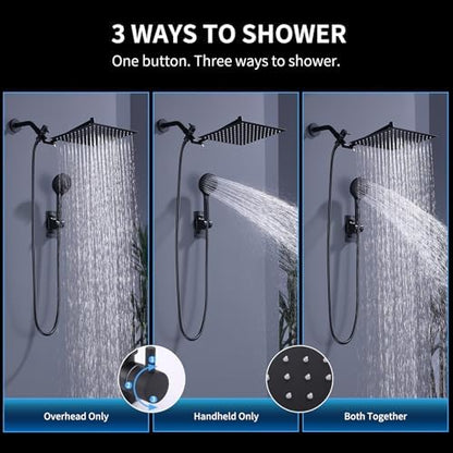 Peicuai Shower Head Combo, 10-Inch High-Pressure Rainfall Shower Head with 11-Inch Adjustable Extension Arm, 5-Setting Matte Black Handheld Shower with Long Hose, Powerful Spray for Low Water Pressure