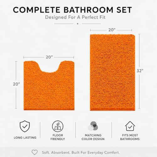 Bathroom Rugs Sets 2 Piece,Super Absorbent Soft,Thick,Machine Washable Chenille Bath Mat,Non Slip Toilet Floor Rug,Bath Mats for Bathroom,20x32 Plus 20x20 U Shape,Orange