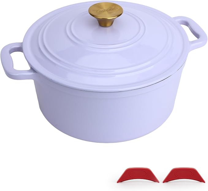 Enameled Cast Iron Dutch Oven with Lid&Silicone Grip, Round Casserole Pot for Bread Baking, Braising, Roasting,Stews,Heavy-Duty Baking Pan,Oven Safe, Induction Compatible (4.7QT,Purple)