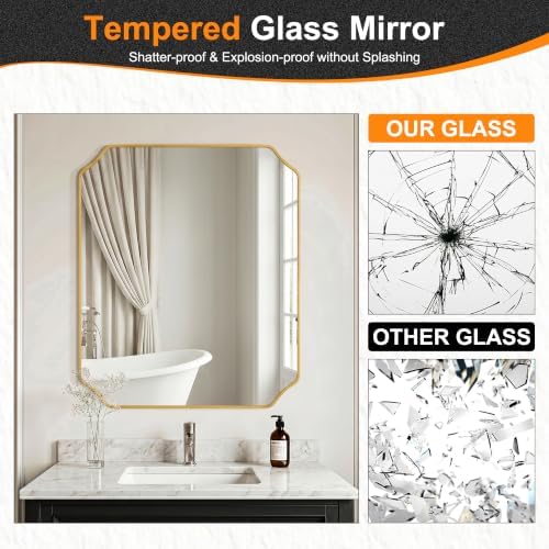 Delma Bathroom Vanity Mirror, Gold Framed Aluminum Bathroom Mirror for Over Sink, Scalloped Round Corner Wall Mirror, High-Definition Vanity Mirror, Hangs Horizontally or Vertically (36x30,Gold)
