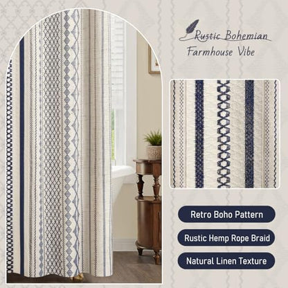 Navy Blue Boho Linen Shower Curtain,72" W x 84" L
