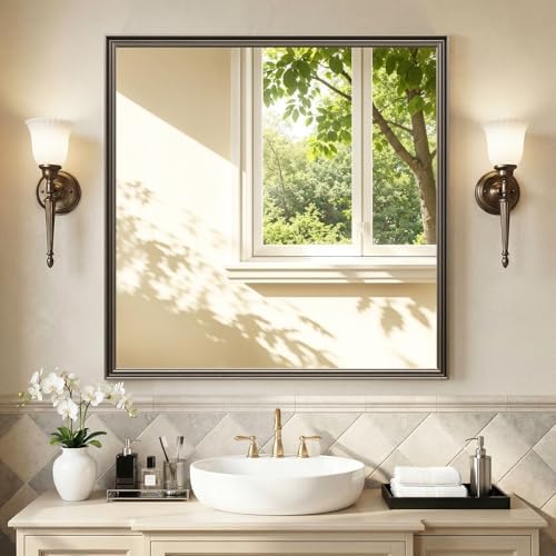 Retro Copper Effect Framed Wall Mirror, 36x36 Rectangle Mirror