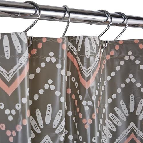 Bath Bliss 70” x 72” PEVA Shower Curtain | 12 Rust Proof Metal Grommets | Reinforced Header | Waterproof | Dotted Chevron Design | Grey and Pink