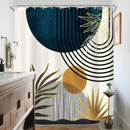 KOMLLEX Mid Century Blue Boho Abstract Modern Bathroom Shower Curtain Set