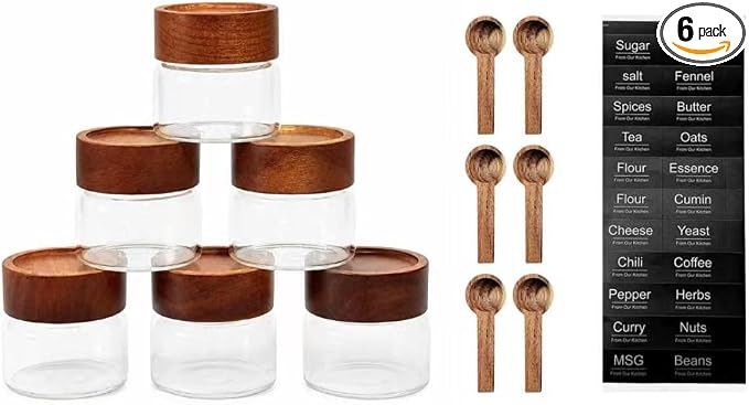 6-Pack 4 fl oz Stackable Glass Jars with Acacia Wood Lids & Spoons, Airtight Food Storage Containers with Labels for Overnight Oats, Spices, Yogurt, Chia Seed Pudding, Kitchen Organization