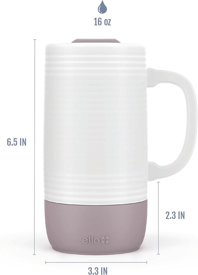 Ello Jane 18oz Ceramic Travel Mug with Handle, Splash-Resistant Slider Lid and Built-in Coaster, Perfect for Coffee and Tea, BPA Free, Dishwasher Safe, Gift for Him Her Birthday, Mauvewood