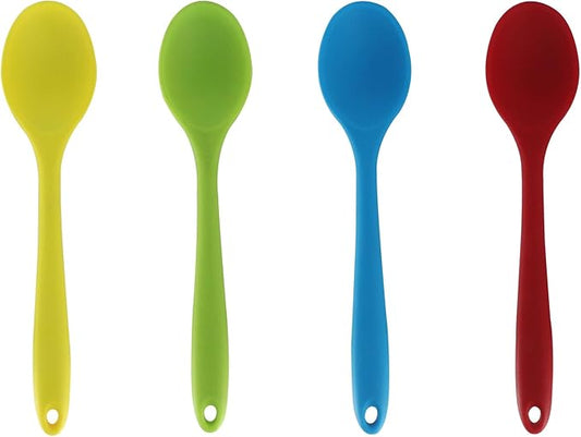 Zorfeter 4 Pcs Small Silicone Spoons, Nonstick Kitchen Spoon Heat Resistant Stirring Serving Spoon for Kitchen Cooking Baking Mixing Tools(Red+Green+Yellow+Blue)