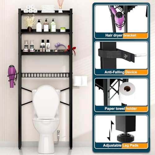 Over The Toilet Storage Cabinet,4 Tier Bathroom Organizer and Storage With Adjustable Shelf Waterproof Feet Pad and Basket Multifunctional Space Saver Freestanding Bathroom Shelves With Dividers Black