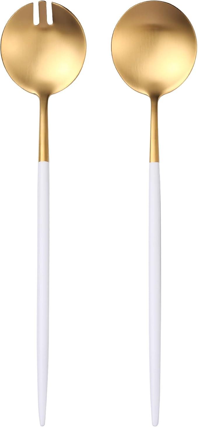 Lemeya White Gold Salad Serving Utensils,Serving Spoons Stainless Steel,2Pcs Long Handle Salad Servers 11.42 Inch,Salad Utensils for Serving,Matte Finish,Dishwasher Safe