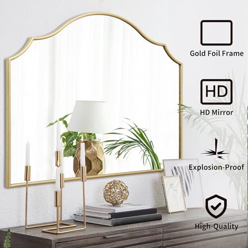 Besdomus Gold Scalloped Wall Mirror: 40"x29" Large Wooden Bathroom Mirror