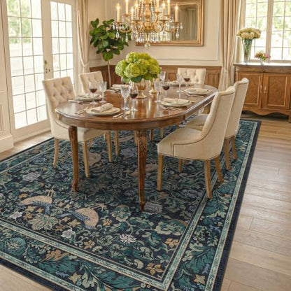 Vintage 8x12 Area Rugs for Living Room - Blue Soft Floral Rug for Bedroom, Dining Room, Washable Botanical Bird Carpet, Non-Slip Stain Resistant Low Pile Throw Rug Indoor Door Mat