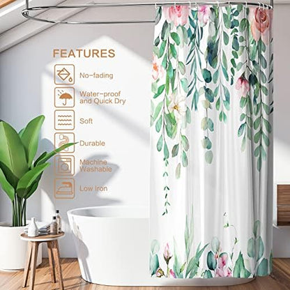 Watercolor Eucalyptus Shower Curtain, Spring Shower Curtain Green Leaves with Blooming Floral, Polyester Fabric Waterproof Shower Curtain Sets Machine Washable Decor Home Farmhouse Bath Curtain