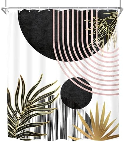 Mid Century Black Pink Boho Abstract Modern Bathroom Shower Curtain Set