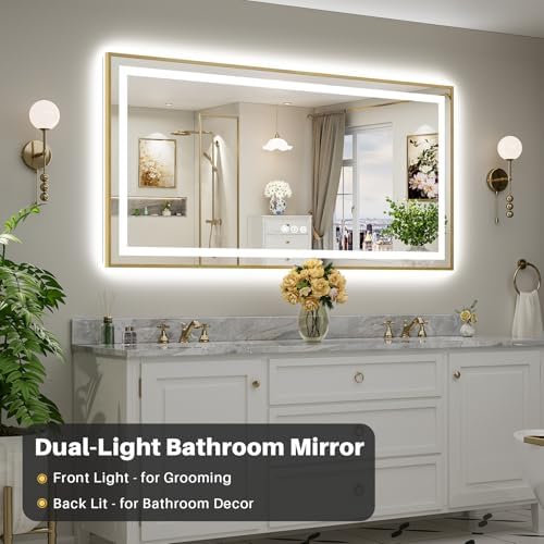 72x36 Inch LED Bathroom Mirror with Gold Frame, Backlit & Front Lit
