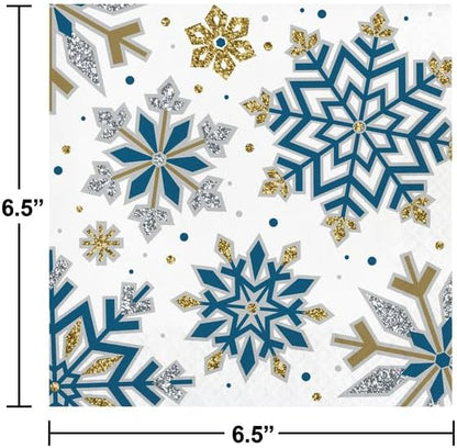 Whimsical Winter Party Supply Pack | Bundle Includes Paper Dinner Plates, Dessert Plates & Napkins for 8 People | Winter Blue Silver and Gold Snowflakes