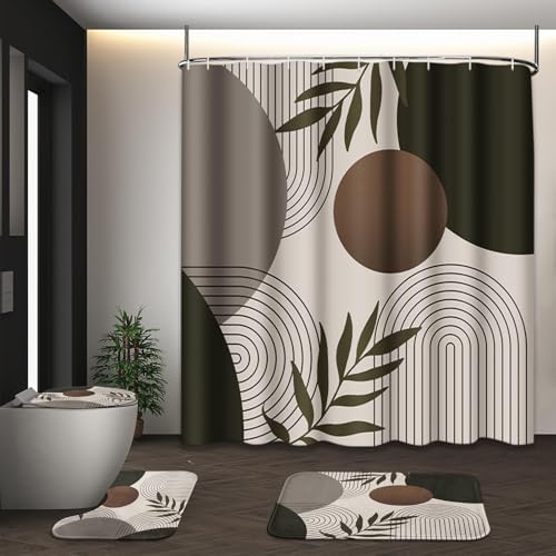 Bathroom Sets with Shower Curtain and Rugs, 4 Pcs, Minimalist Leaf