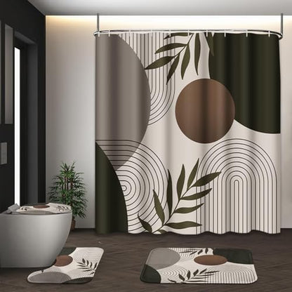 Bathroom Sets with Shower Curtain and Rugs, 4 Pcs, Minimalist Leaf