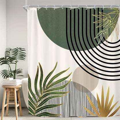 KOMLLEX Mid Century Green Boho Abstract Modern Bathroom Shower Curtain Set