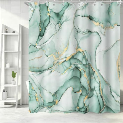 Mint Green Marble Shower Curtain Modern Abstract Luxury Gold Ink Texture Ombre Watercolor Bathroom Curtain Set with Hooks Soft and Lightweight Waterproof Fabric Machine Washable 60" Wx72 L