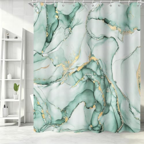 Mint Green Marble Shower Curtain Modern Abstract Luxury Gold Ink Texture Ombre Watercolor Bathroom Curtain Set with Hooks Soft and Lightweight Waterproof Fabric Machine Washable 66" WX72 L