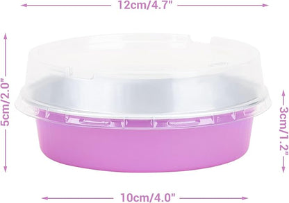 Beasea Disposable Mini Pans with Lids, 100 Pack 4” 8oz Light Pink Aluminum Baking Foil Tins Round Small Tart Container for Individual Cupcake Dessert Muffin Ramekin Cheesecake Quiche Oven Dishes