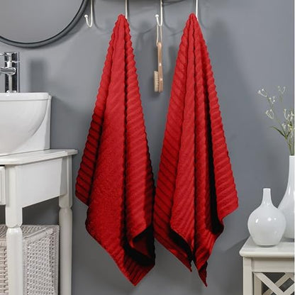 Elegant Comfort 100% Turkish Cotton Corduroy Ribbed Luxury Soft 2 Pack Bath Towels 27 x 54 Inch - Ultra Plush, Absorbent, Quick Dry, Hotel Spa Quality Towels for Bathroom Essentials, Red