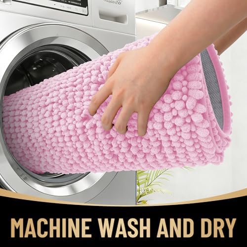OLANLY Thick Chenille Bathroom Rugs 30x20, Soft Absorbent Bath Mat, Pink