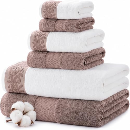 Modern Threads 6 Piece Bath Towel Set – Bathroom Towel Set with 2 Bath Towels, 2 Hand Towels & 2 Washcloths – 100% Cotton, Soft & Absorbent – Jacquard Border (Rose)