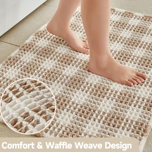 TYUU Waffle Bath Mat, Boho Bathroom Rugs Non Slip, 48x24 Khaki & White
