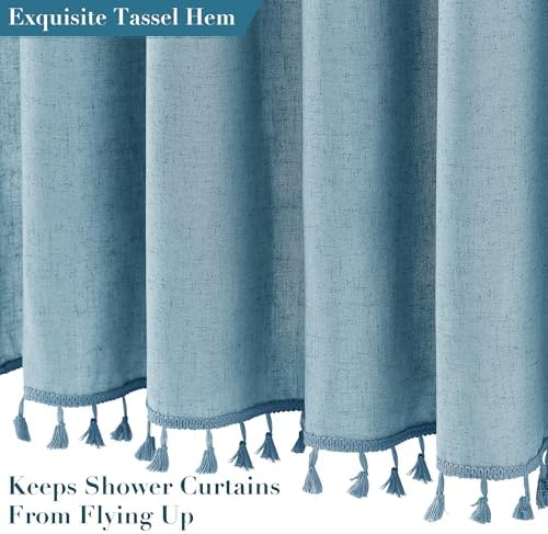 Nanspring Blue Boho Linen Shower Curtain 72 Inch Fabric Textured Elegant Shower Curtain Set with Hooks Simple Aesthetic Bathroom Decor with Hooks Vintage Cottage Bath Curtain for Bathroom 72x72