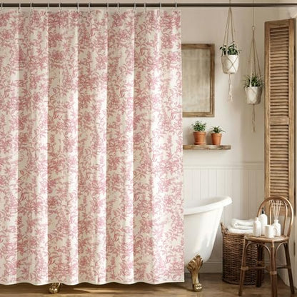 Farmhouse Pink Floral Shower Curtain with 12 Clear Rings 72"W x 72"L