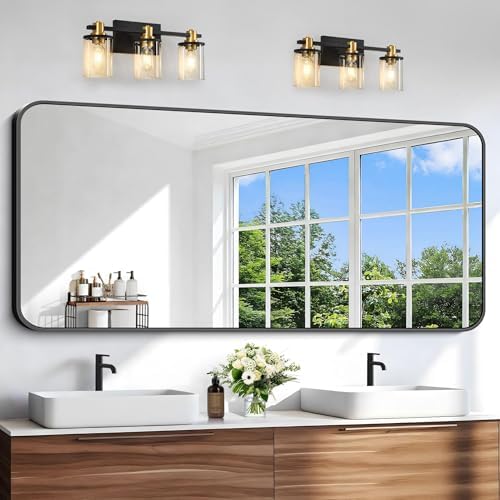 Black Bathroom Mirror, 66x30 inch Aluminum Metal Frame Rectangular Vanity Mirror, Large Wall Mounted Rectangle Mirrors with Rounded Corner for Over Sink Bedroom Living Room Horizontal/Vertical