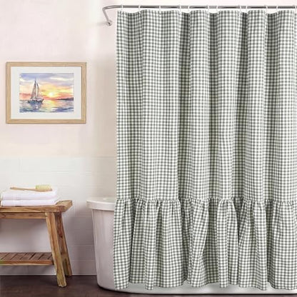 HunnmingRe Ruffle Hem Gingham Shower Curtain Sage Green