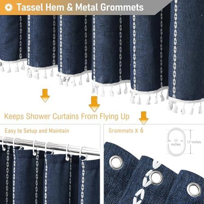 BTTN Small Boho Linen Heavy Duty Cloth Shower Curtain, 36x72, Navy Blue