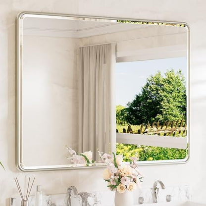 TETOTE Brushed Nickel Wall Mirror 48 x 36 Beveled Edge Tempered Glass, Rounded Corner Rectangle Framed Mirror for Modern Bathroom, Living Room, Bedroom, Entryway